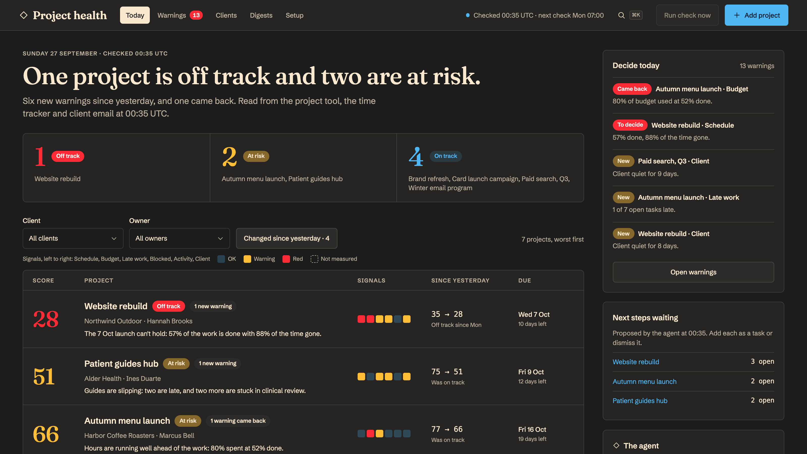 Project Health Monitor preview with example data