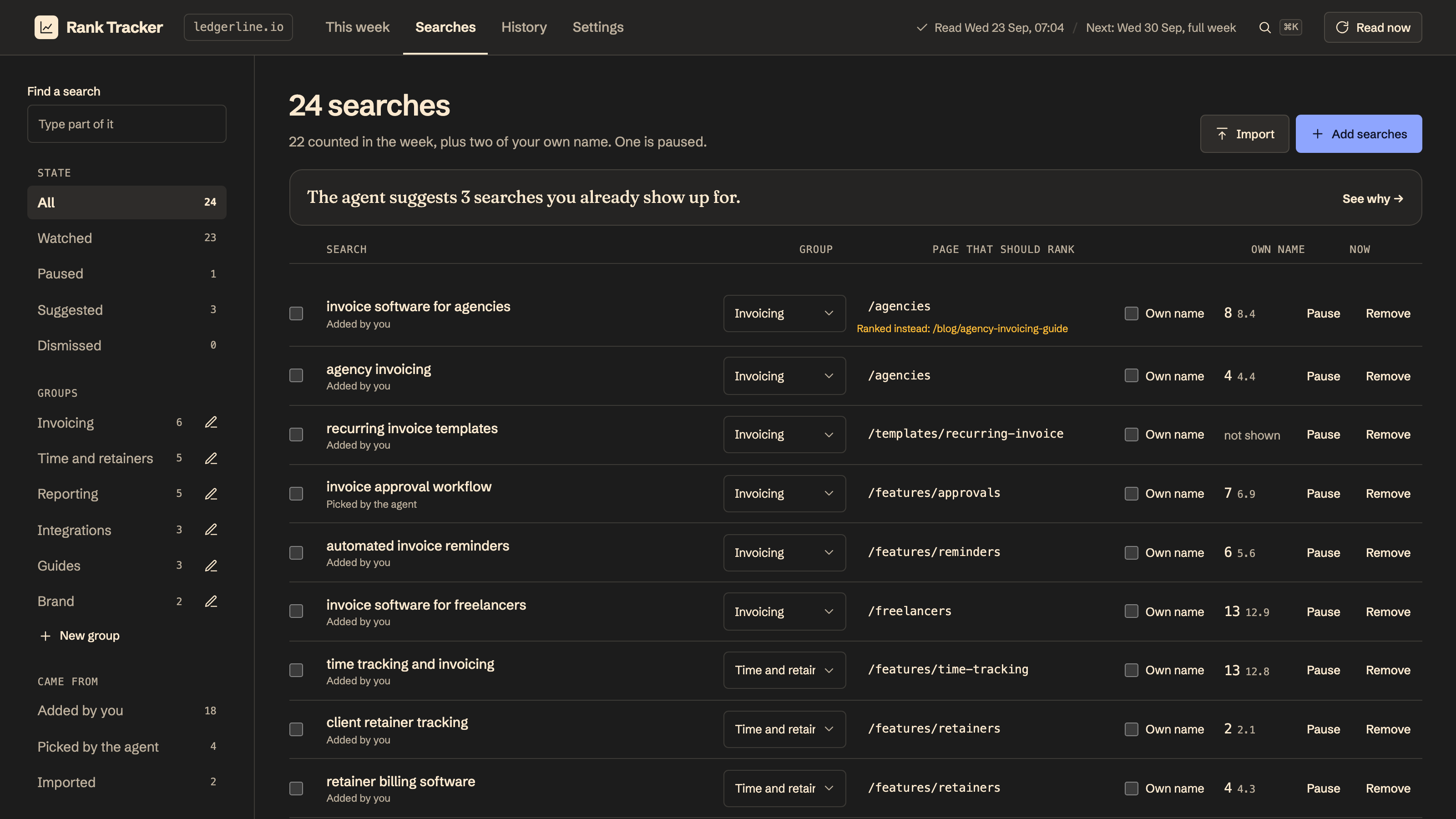 Rank Tracker: Searches: every one on the fold, by group. Example data.
