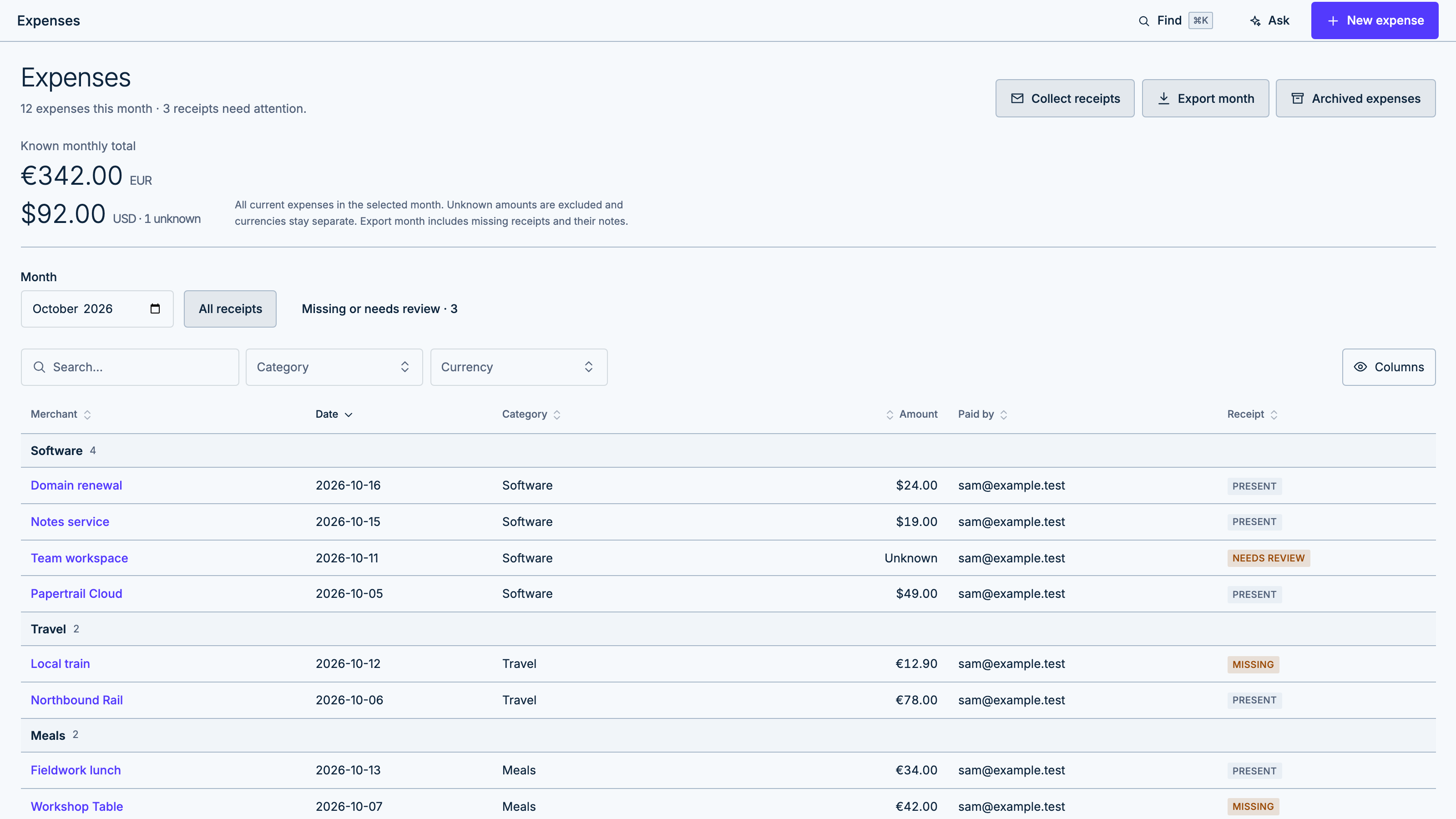 Receipts & Expenses preview with example data
