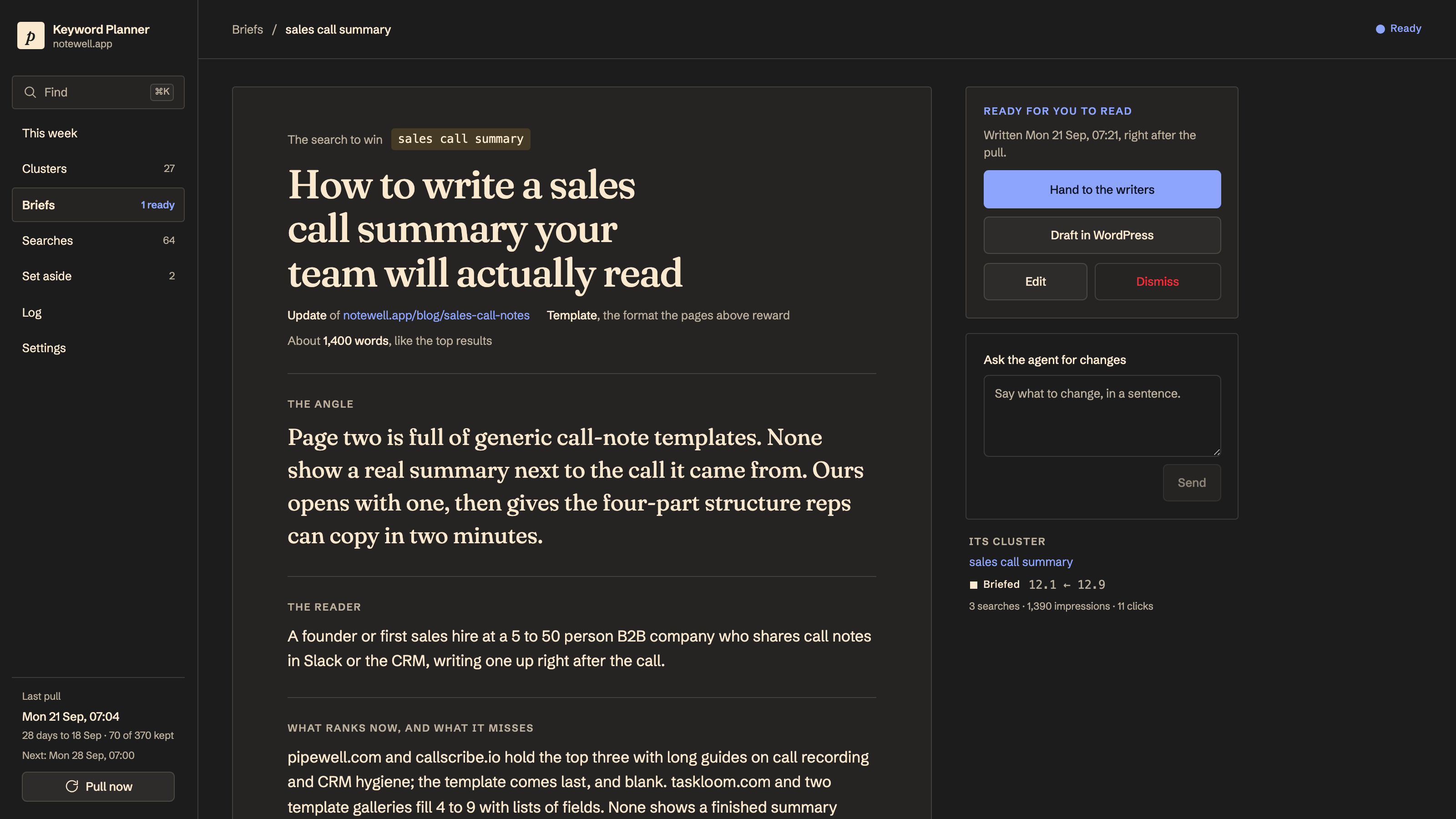 SEO Keyword Planner: A brief, set as a document for the writers. Example data.