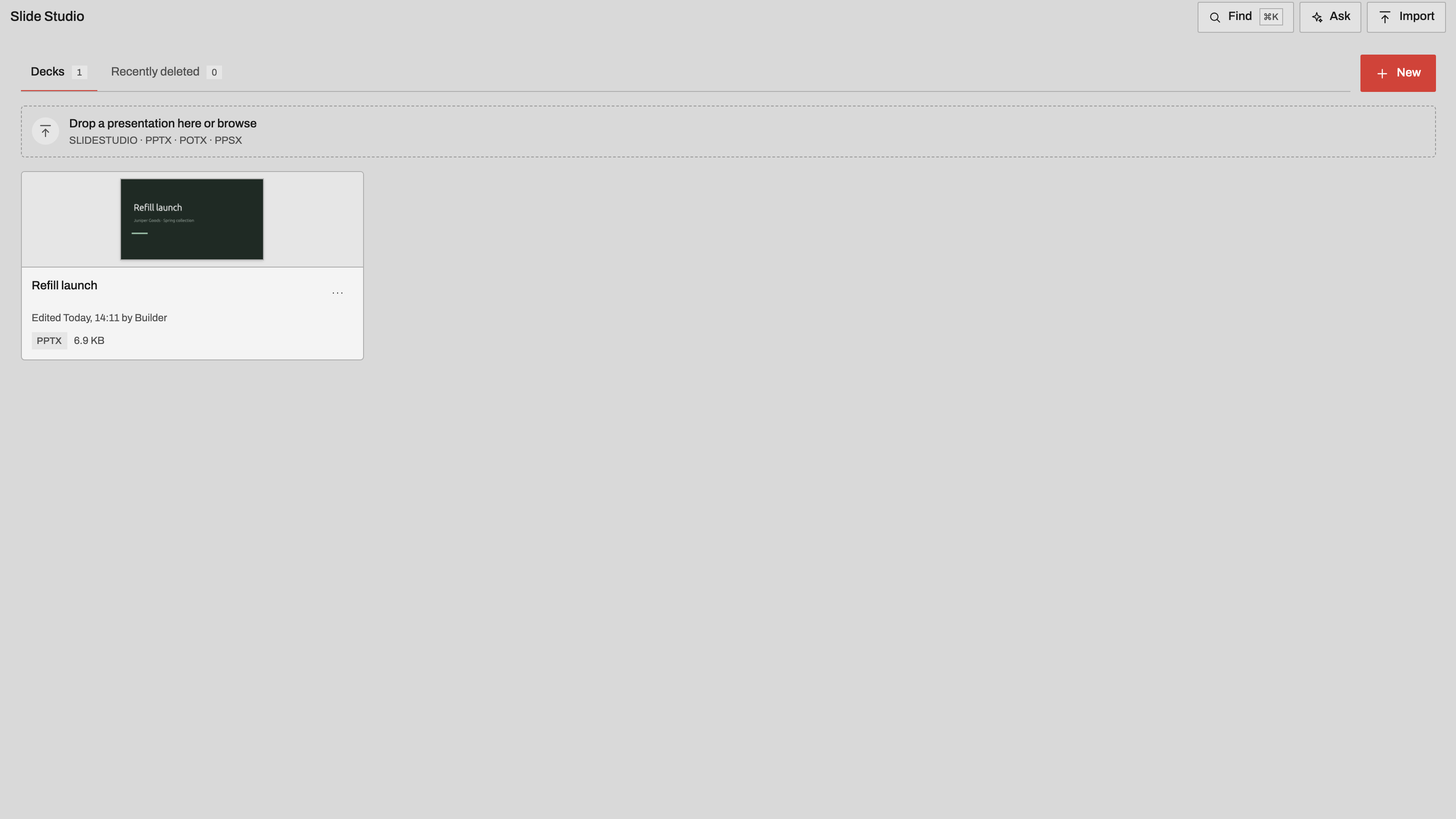 Slide Studio: Keep every deck in one library. Example data.