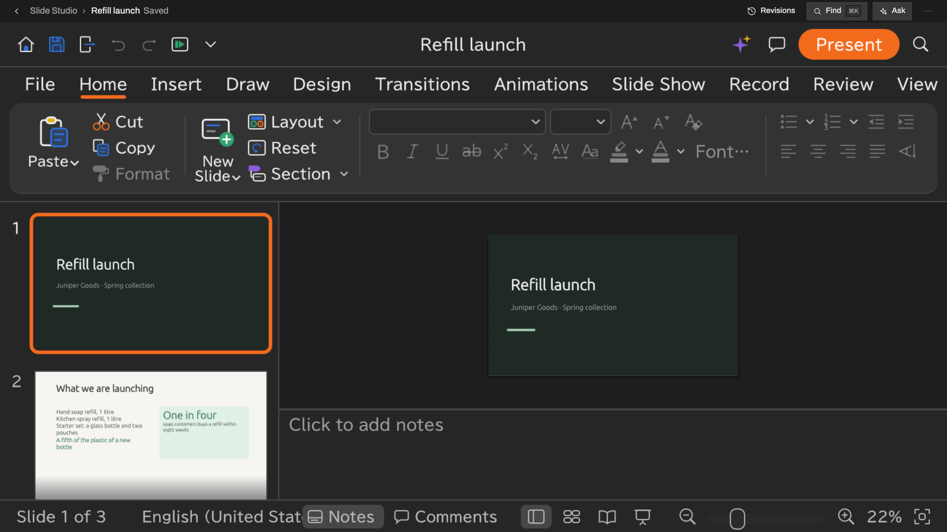 Slide Studio: Present from the dark theme. Example data.