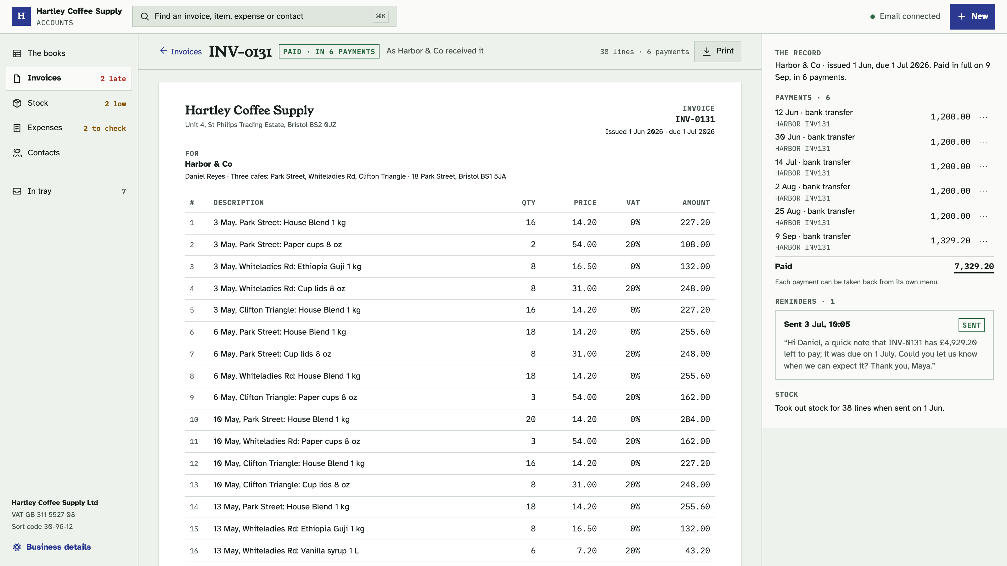 Small Business Accounts: An invoice as the customer gets it, payments beside it. Example data.