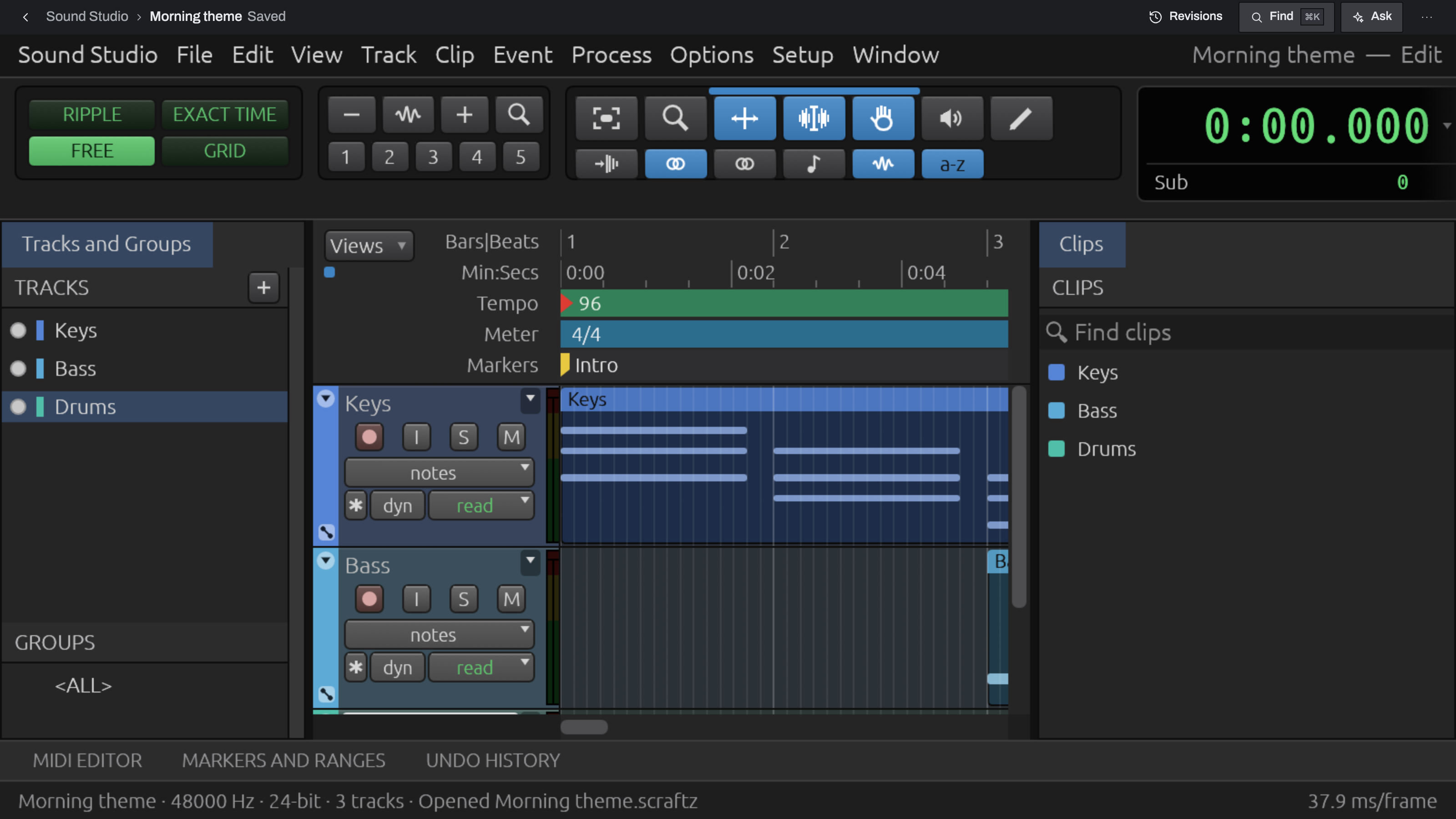 Sound Studio: Mix in the dark theme. Example data.