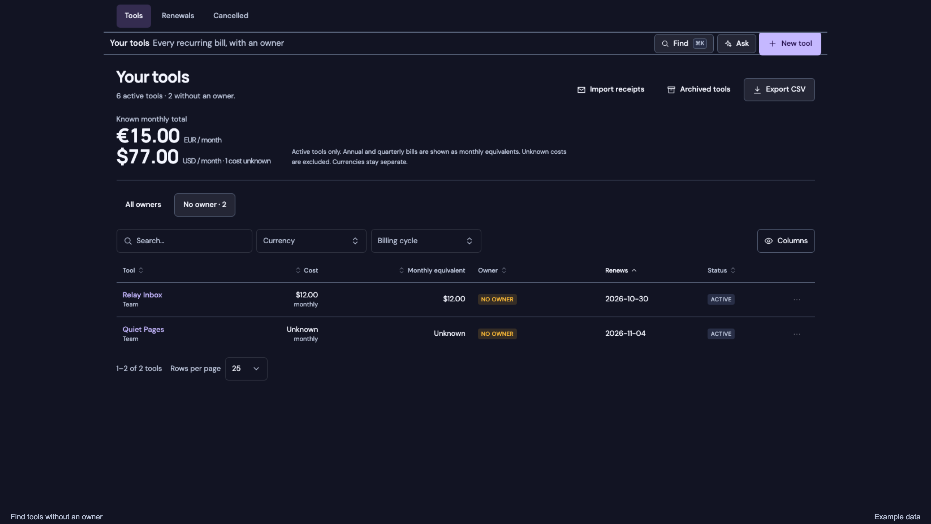 Subscriptions Tracker: Find tools without an owner. Example data.