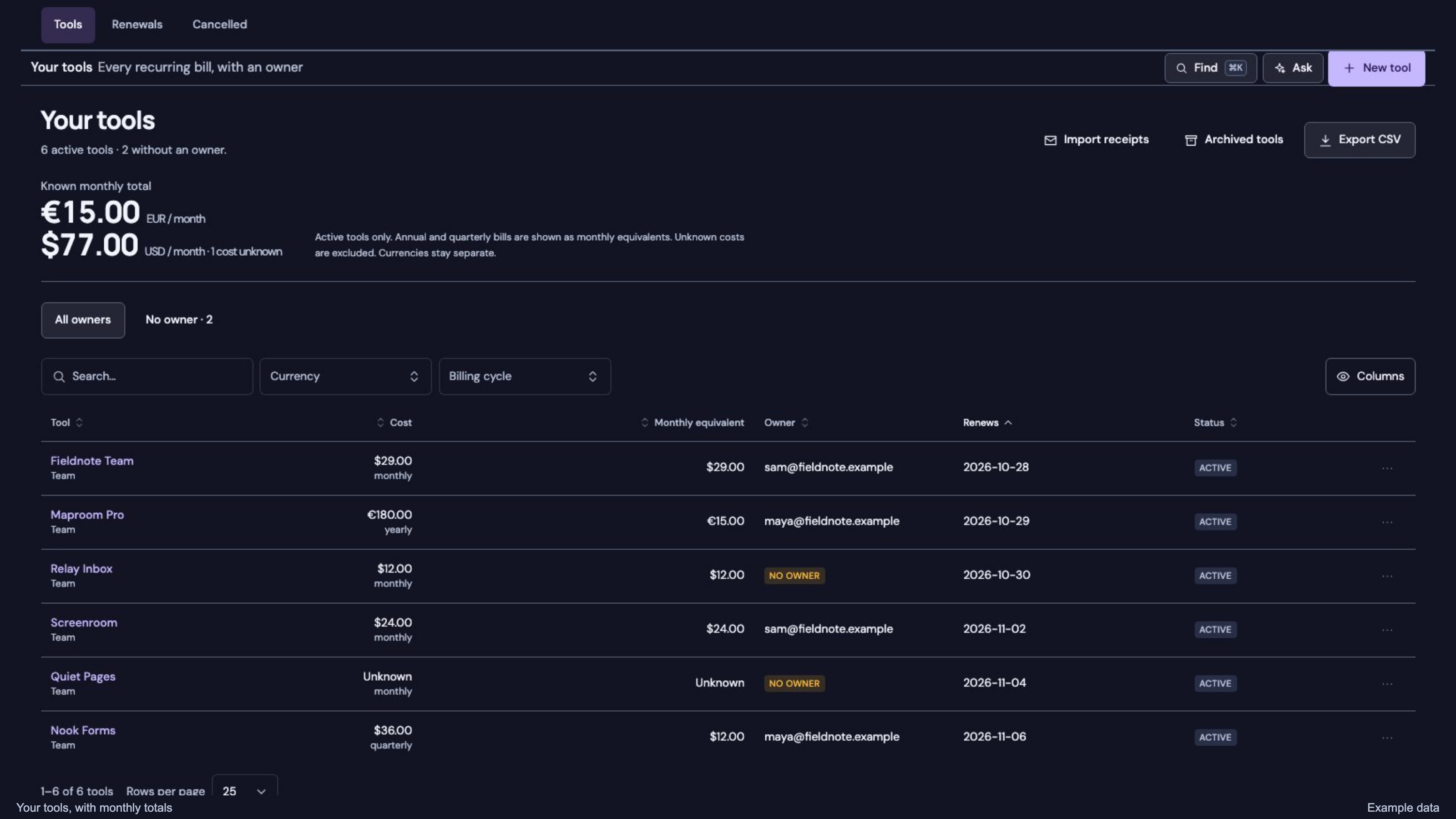 Subscriptions Tracker preview with example data