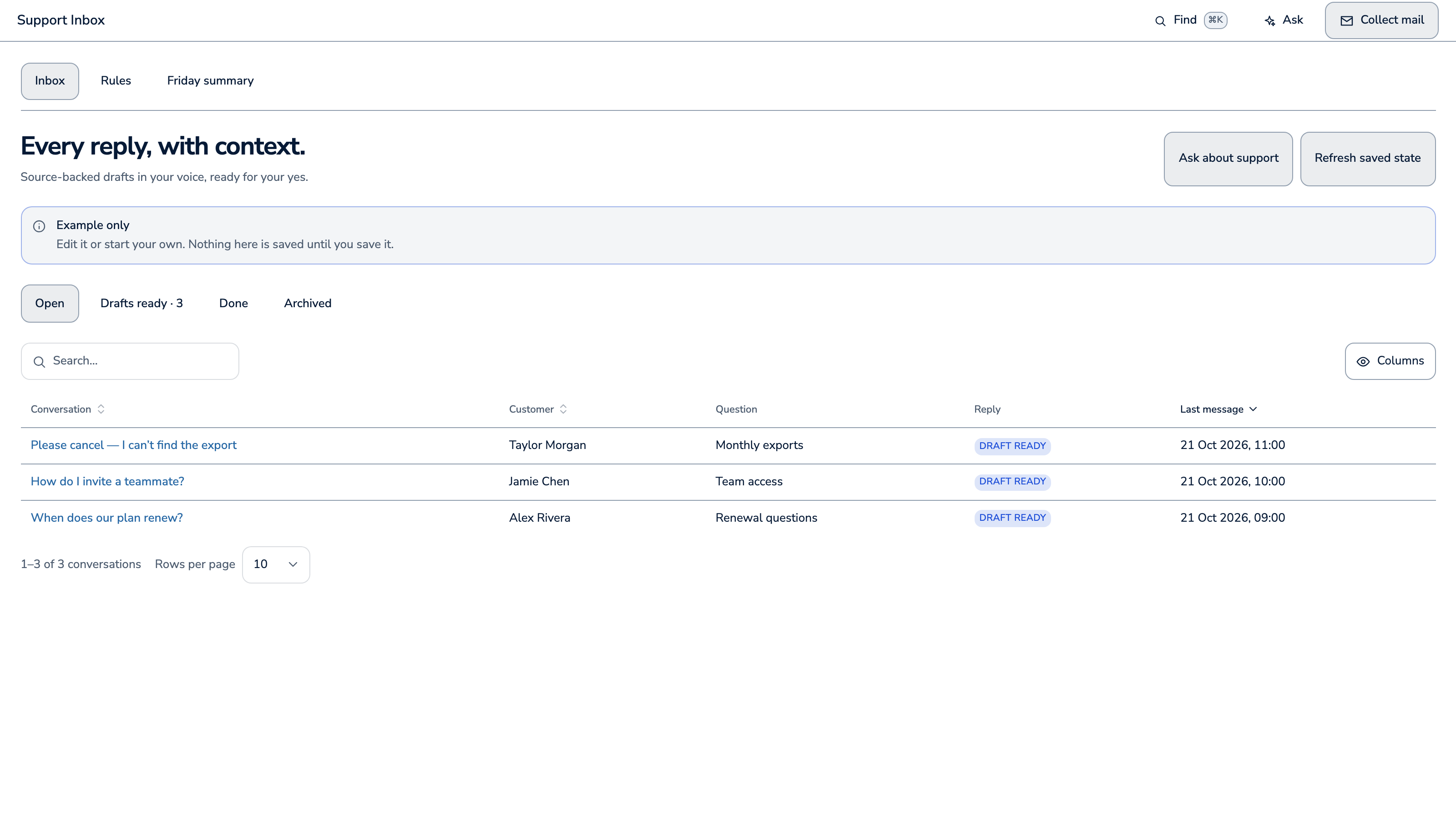 Support Inbox preview with example data