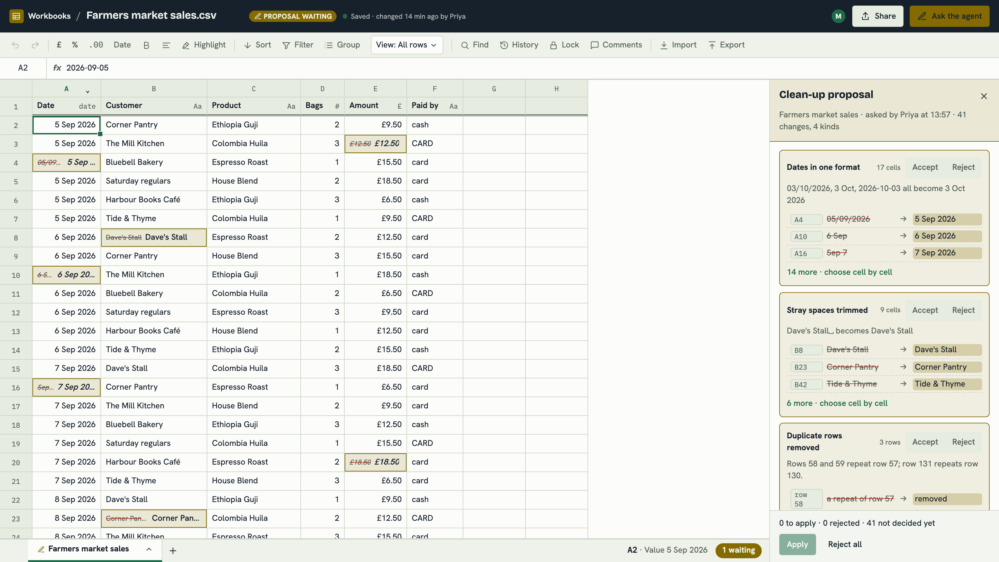 Team Workbooks: The agent's clean-up: 41 changes, accepted kind by kind. Example data.