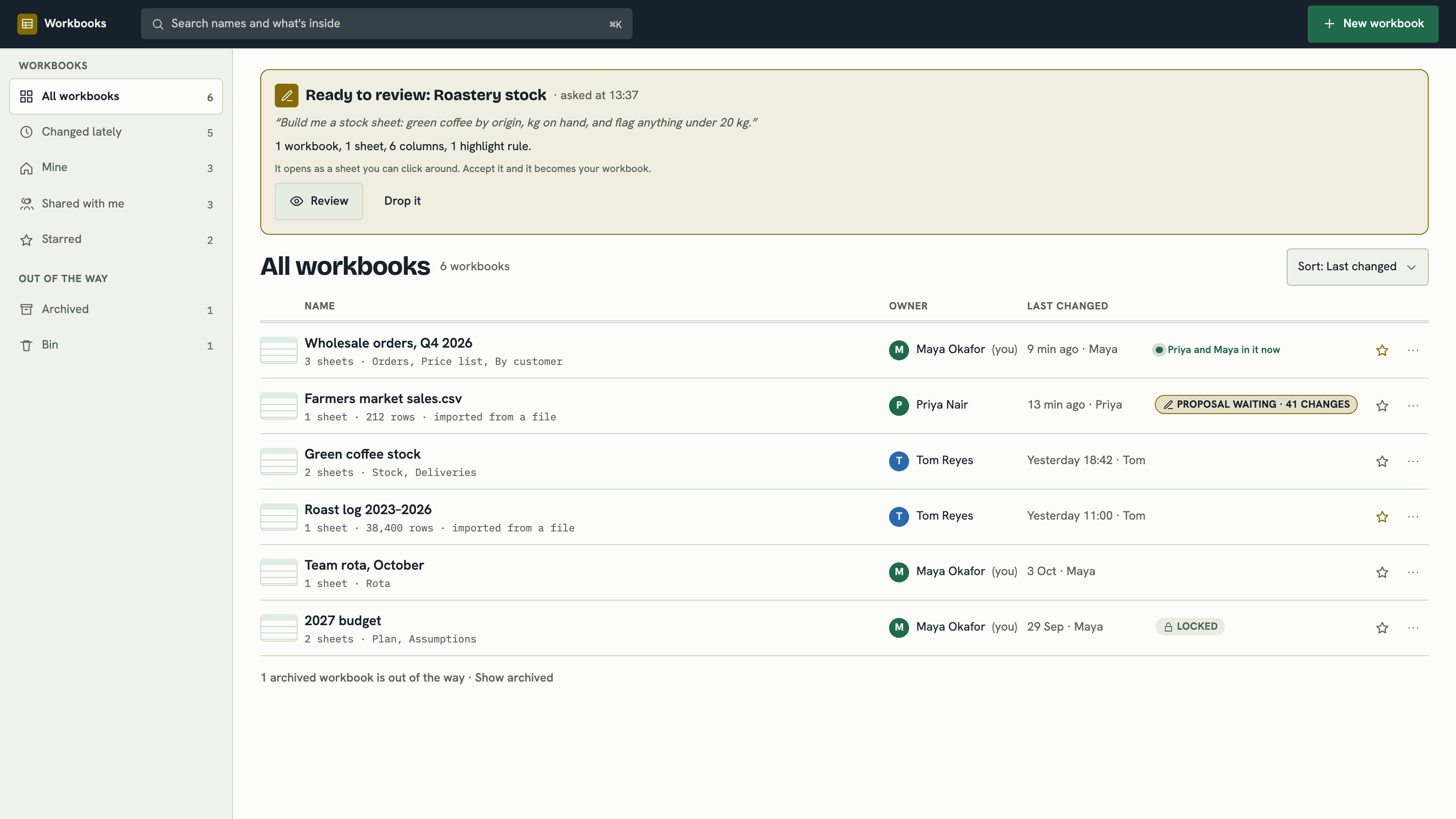 Team Workbooks: Workbooks: what changed, who is in it, what waits on you. Example data.