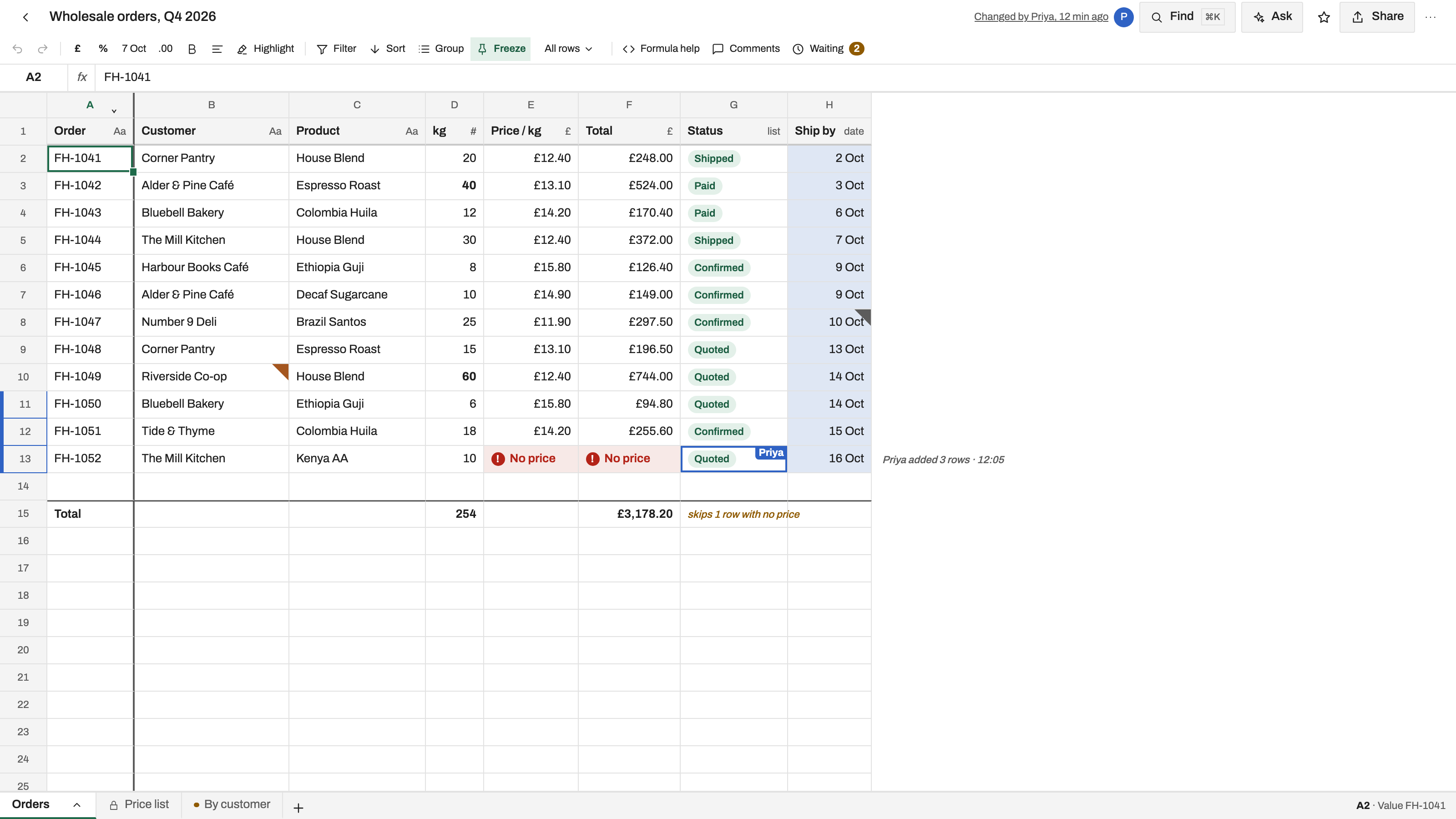 Team Workbooks preview with example data