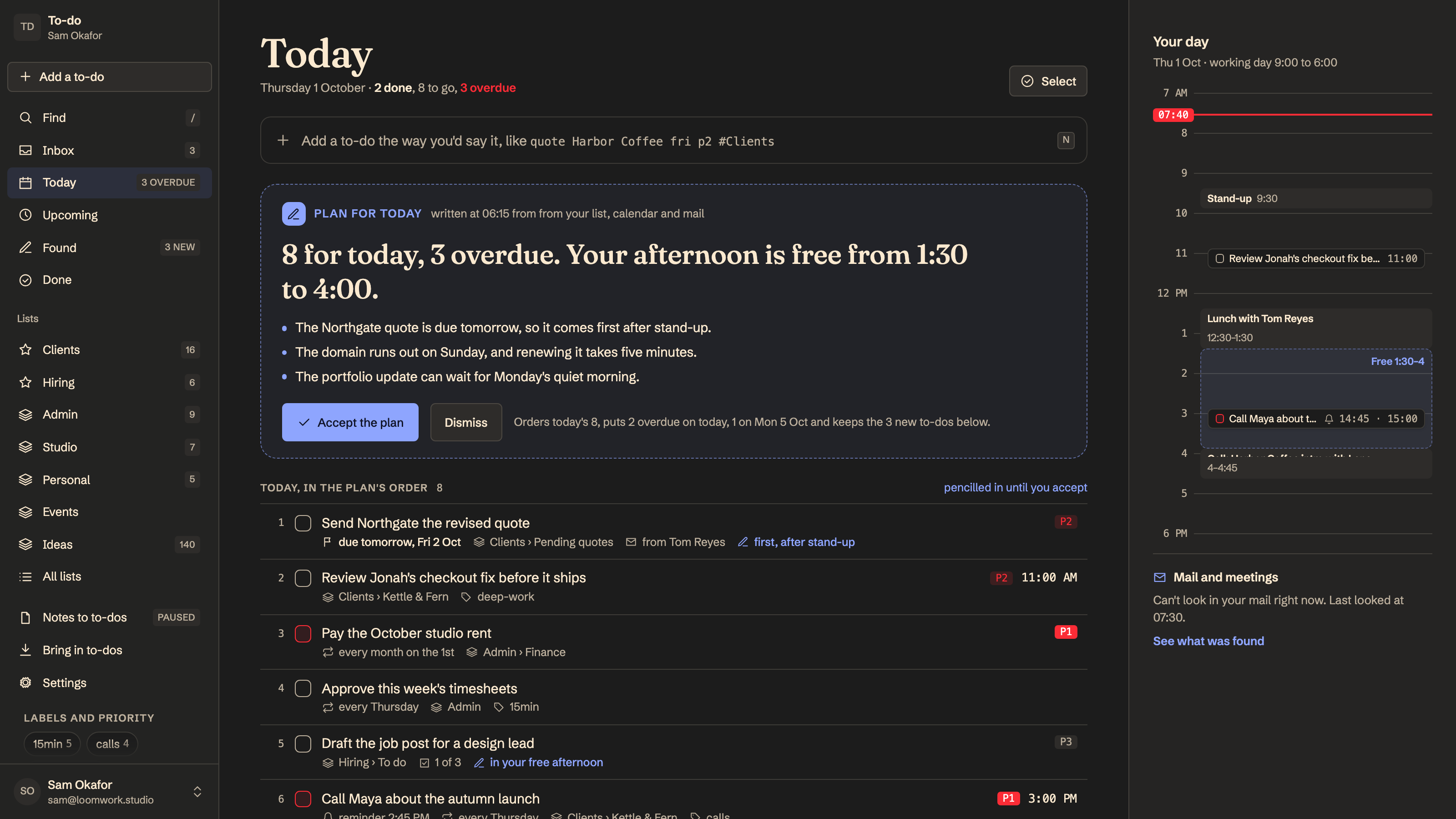 To-do List: A plan for today, fitted around your meetings. Example data.