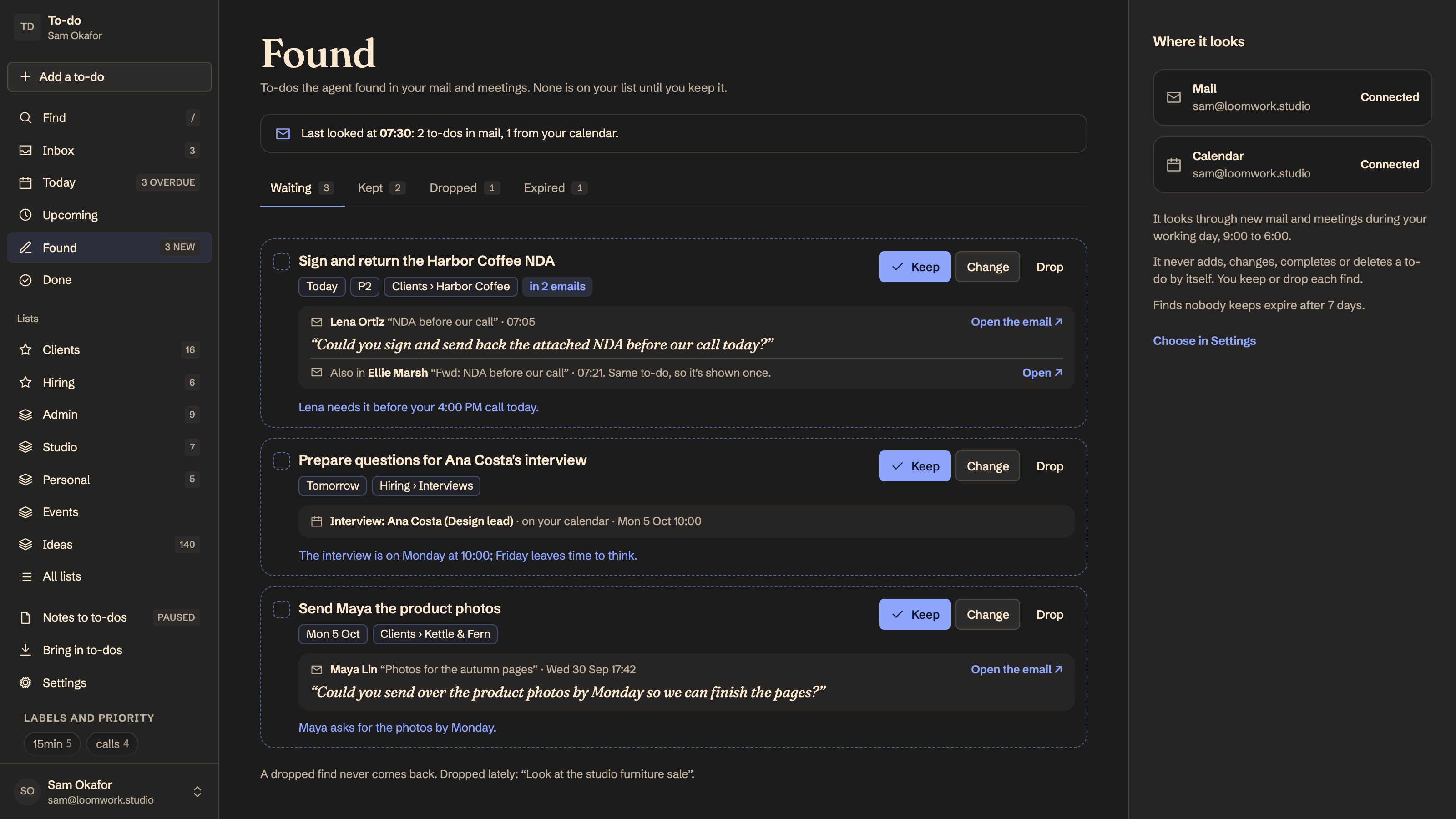 To-do List: To-dos found in your mail and meetings. Example data.