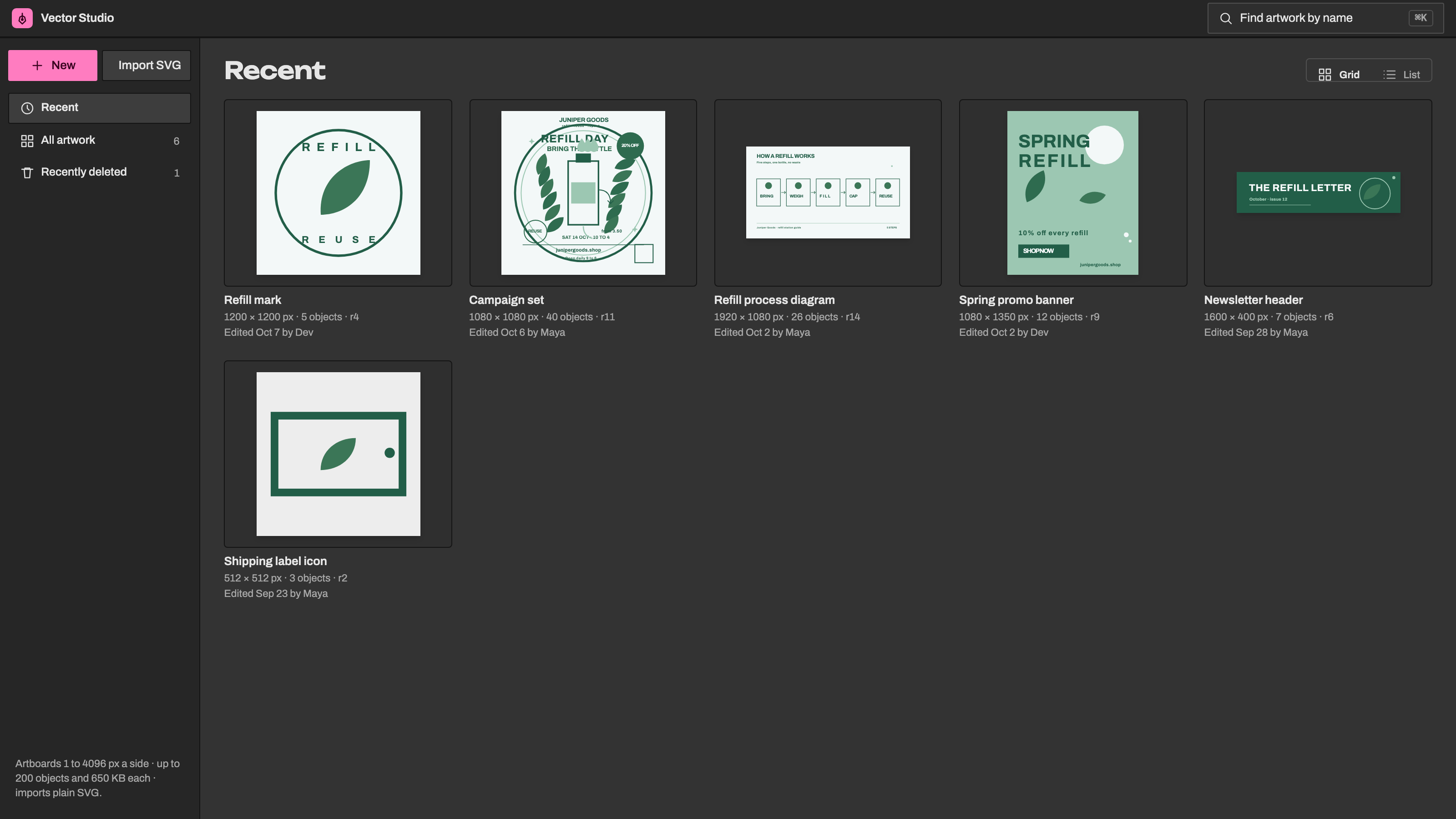 Vector Studio: Saved artwork. Example data.