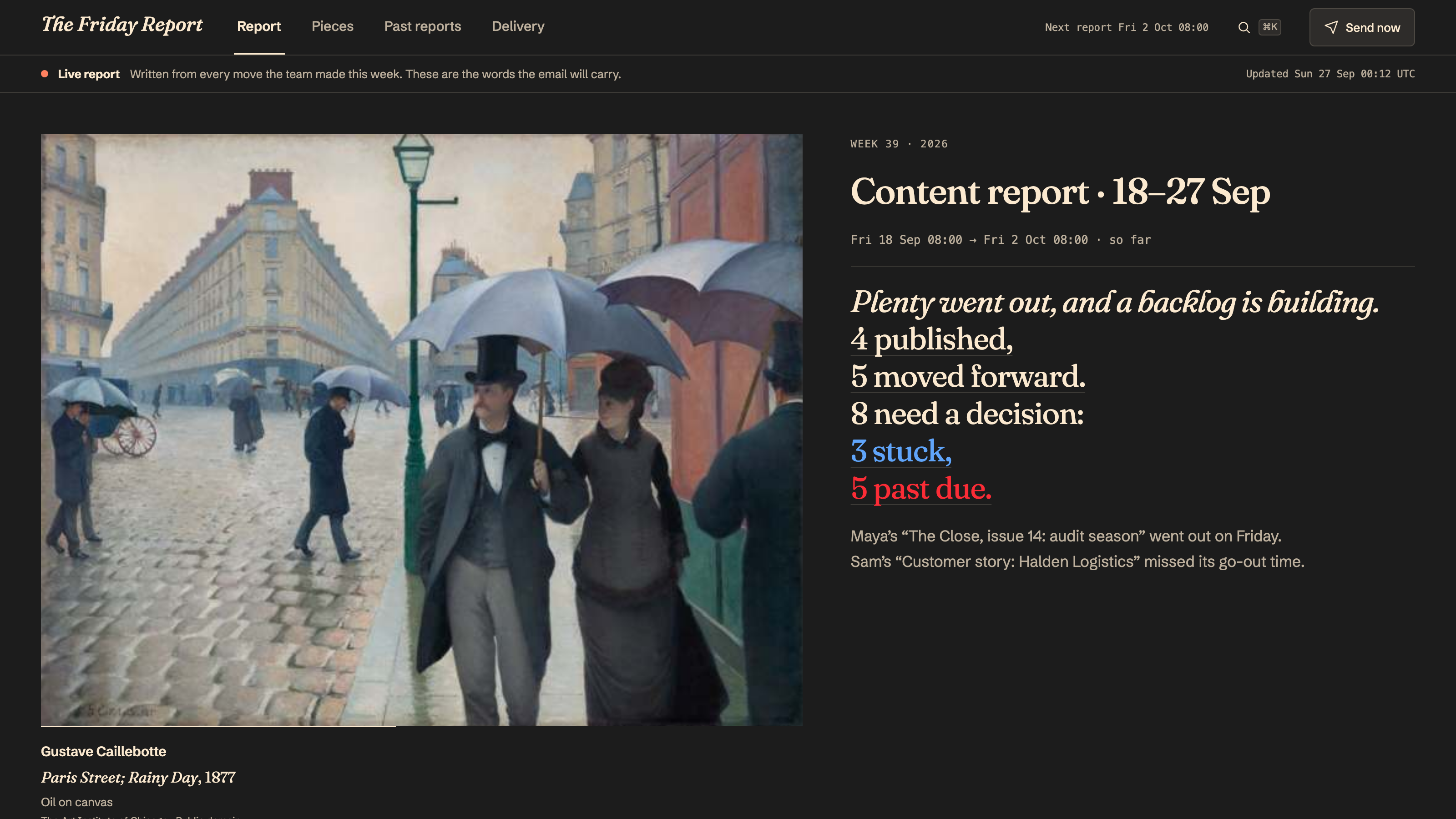 Weekly Content Report: The live report: the week's painting and its stanza. Example data.