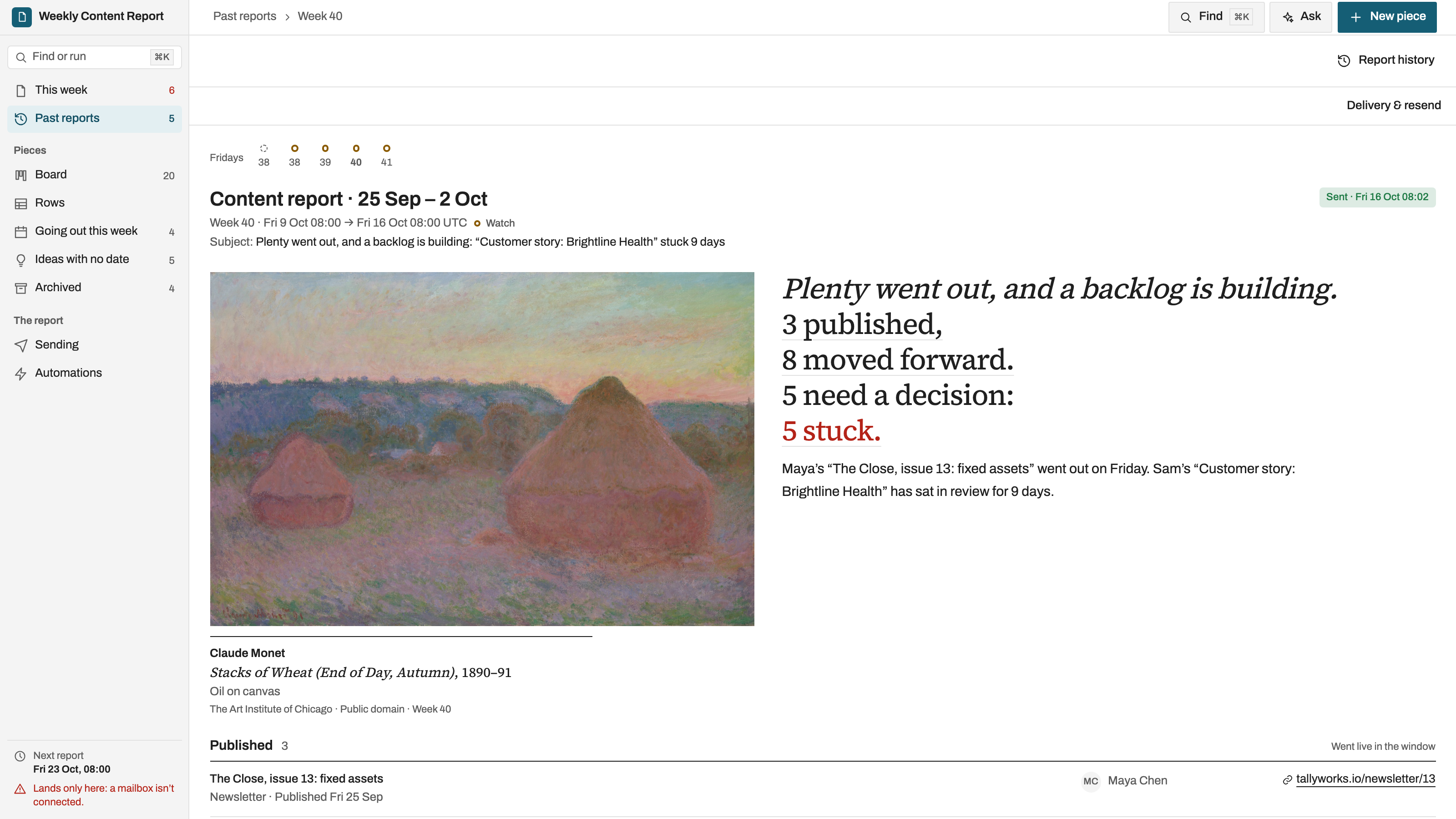 Weekly Content Report preview with example data