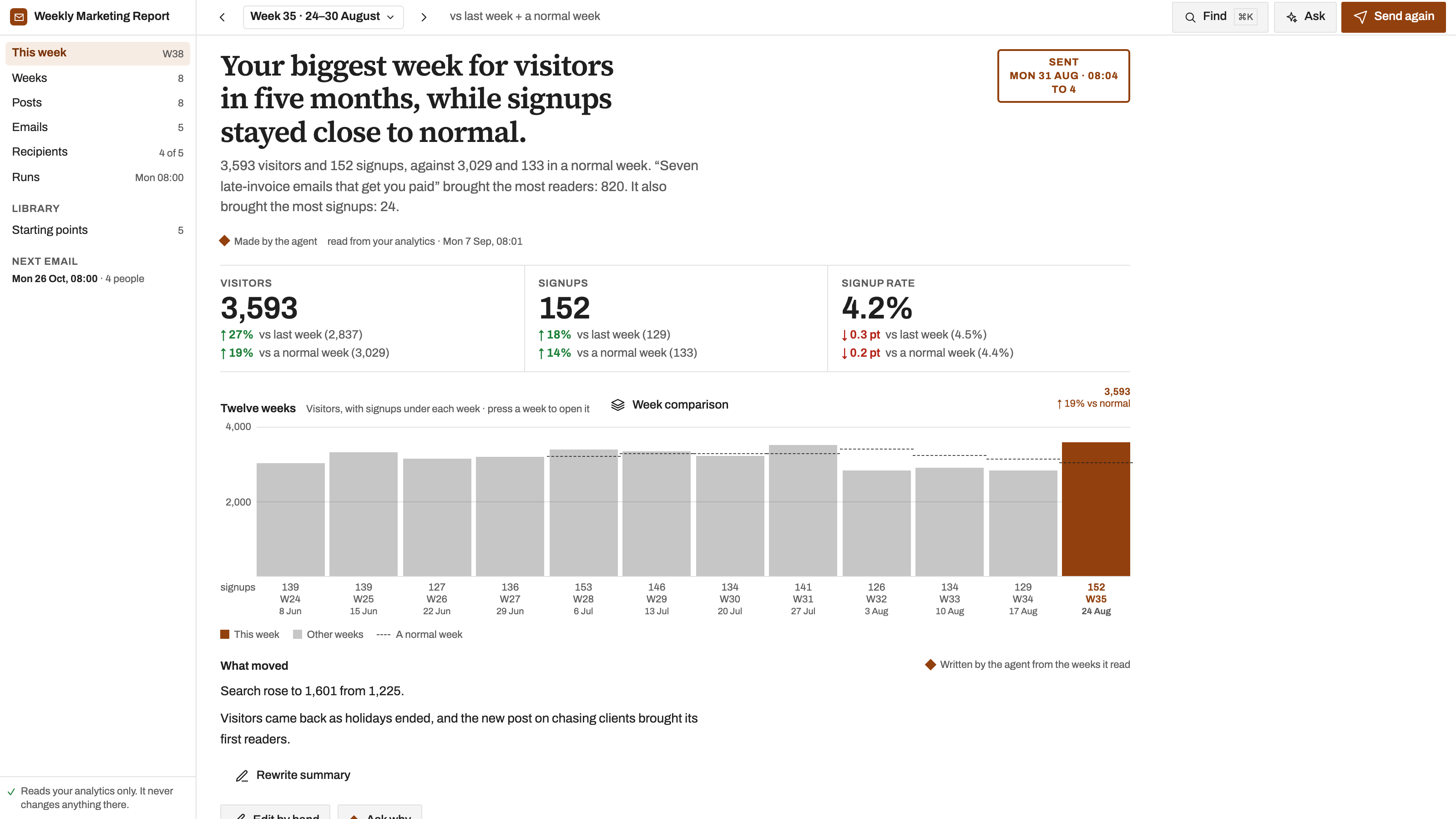 Weekly Marketing Report preview with example data