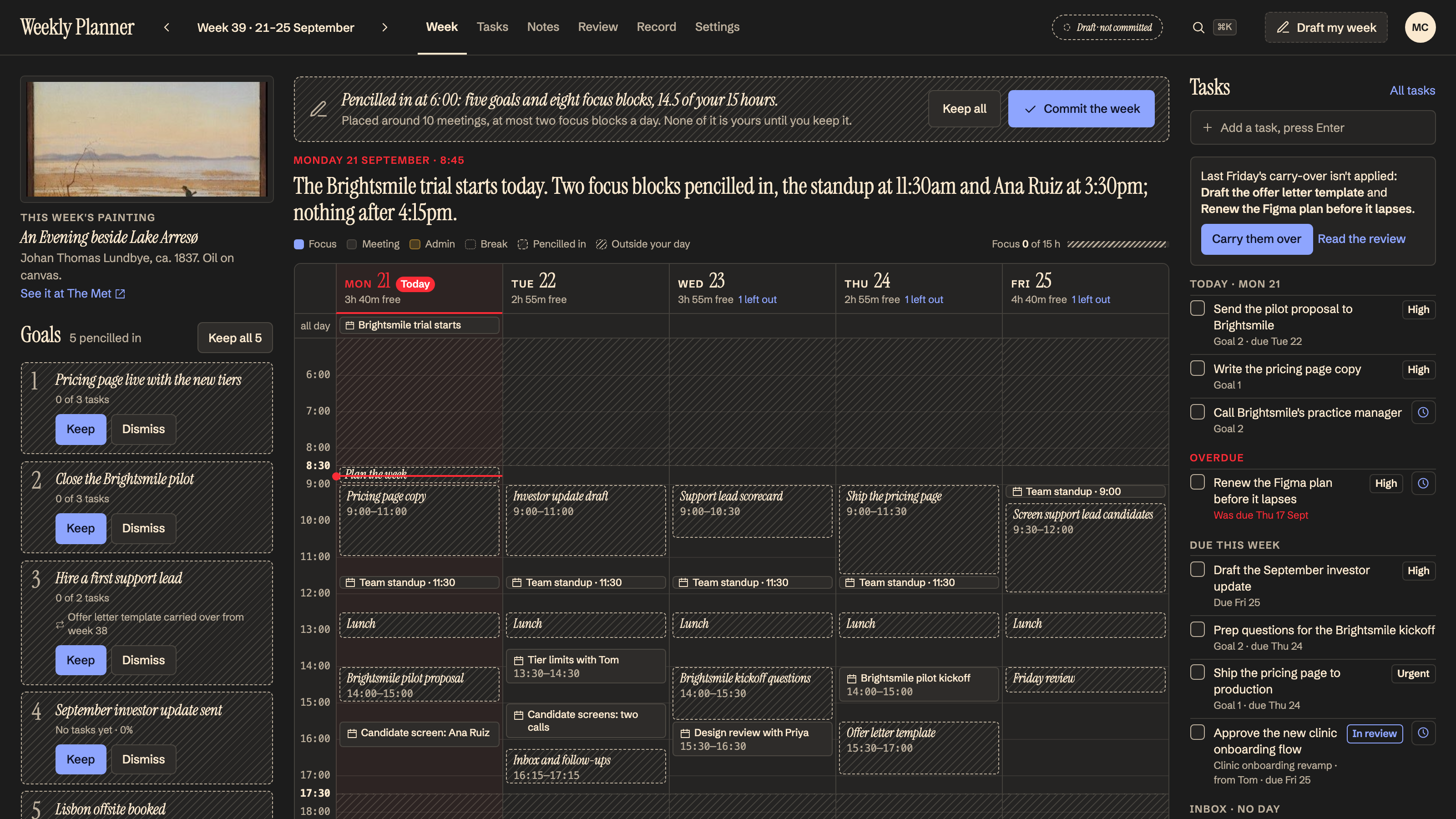 Weekly Planner: Monday 8:45: the week pencilled in, to keep or commit. Example data.
