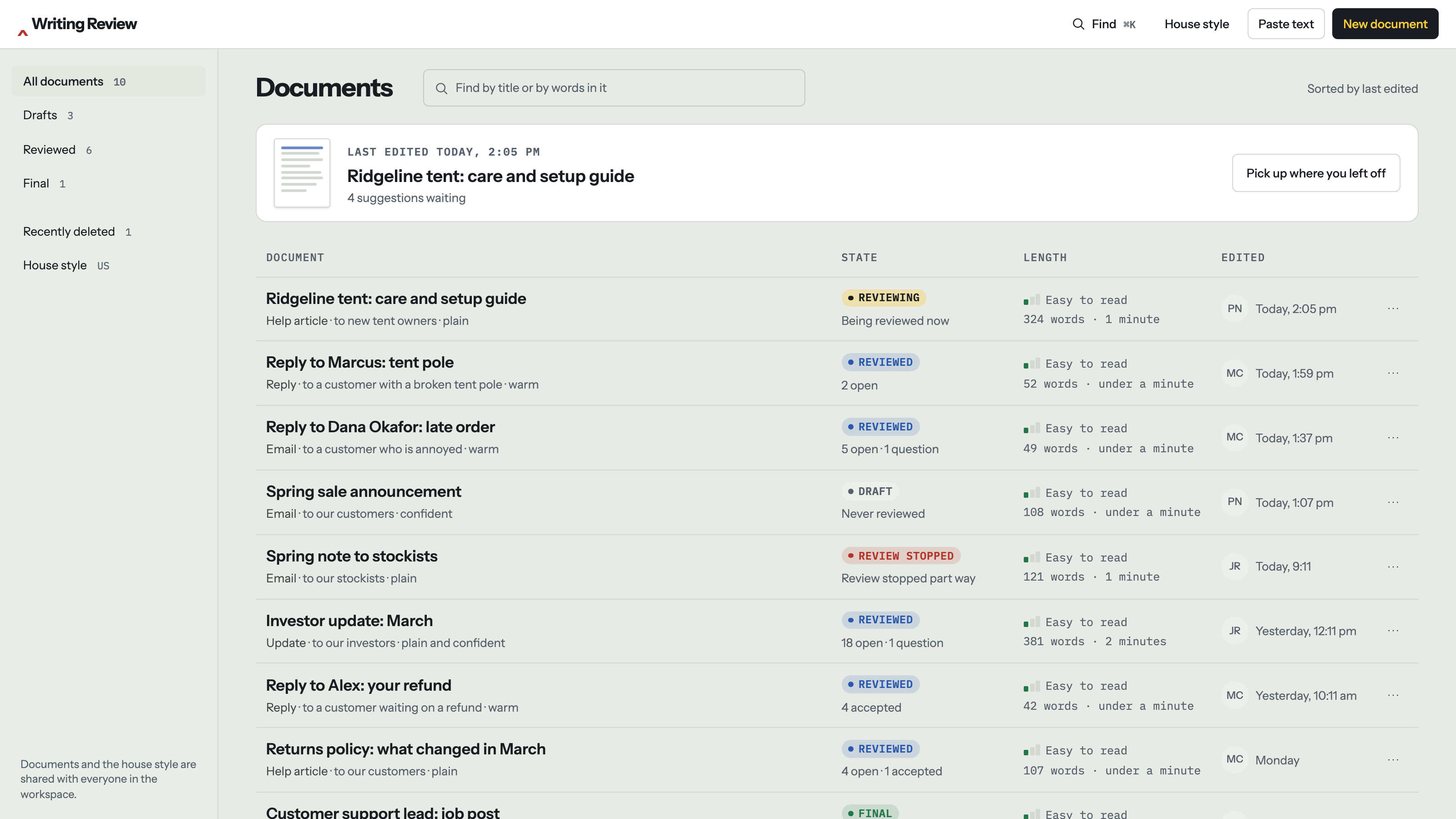 Writing Review: Every document, and what waits on each. Example data.