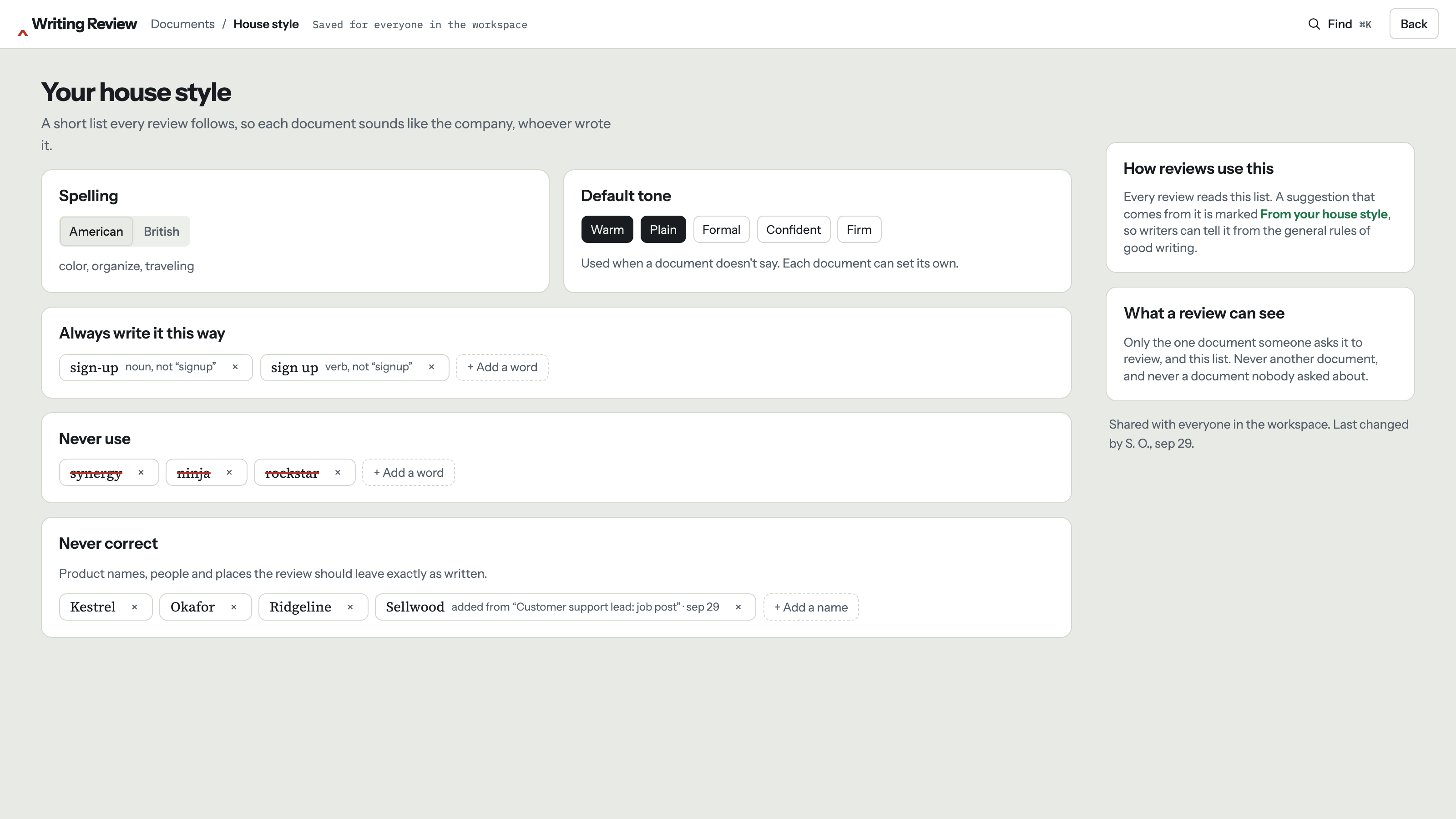 Writing Review: The house style every review follows. Example data.