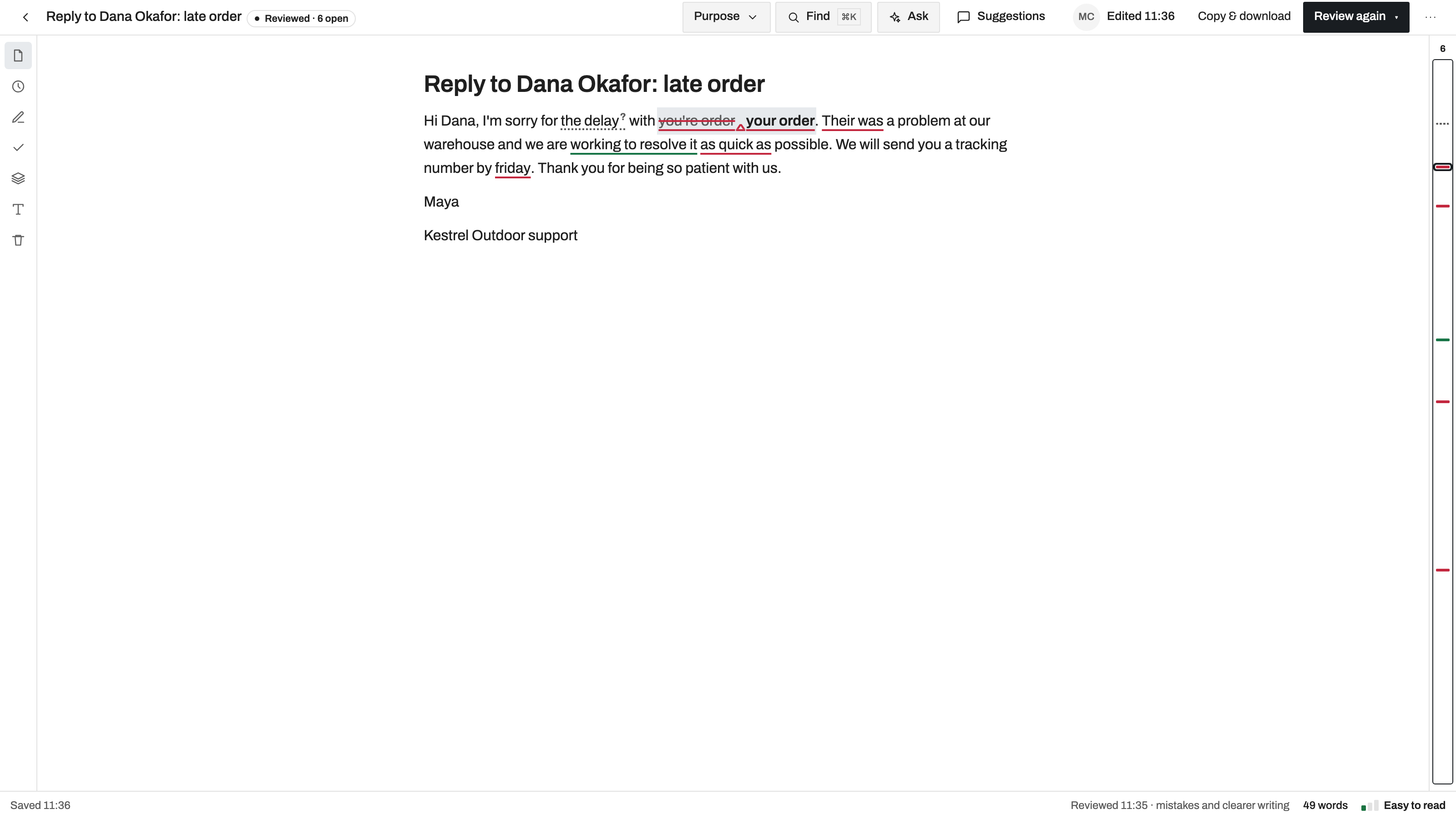 Writing Review preview with example data